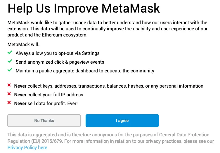 "Help us improve MetaMask" screen