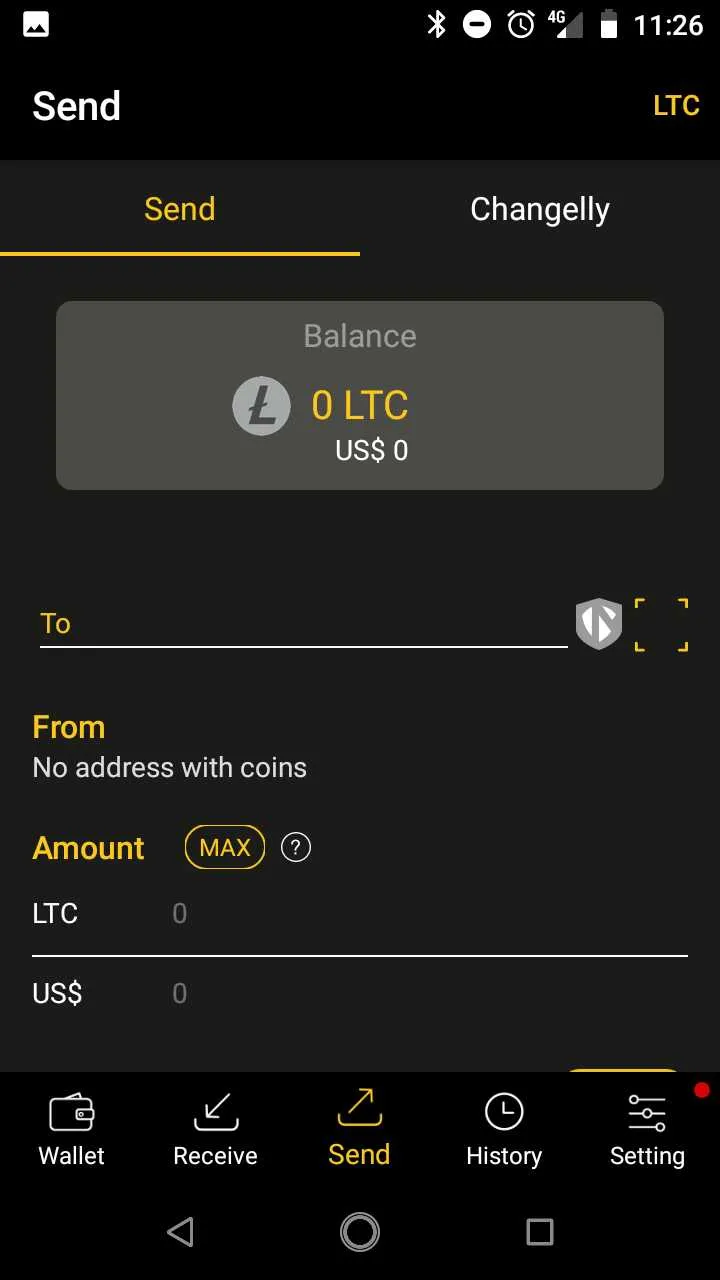 Cool Wallet S app layout on android