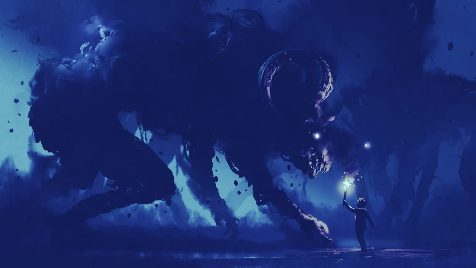 dark fantasy concept showing the boy with a torch facing smoke monsters with demon's horns, digital art style, illustration painting; Shutterstock ID 695511787; Client/Licensee: decryptmedia
