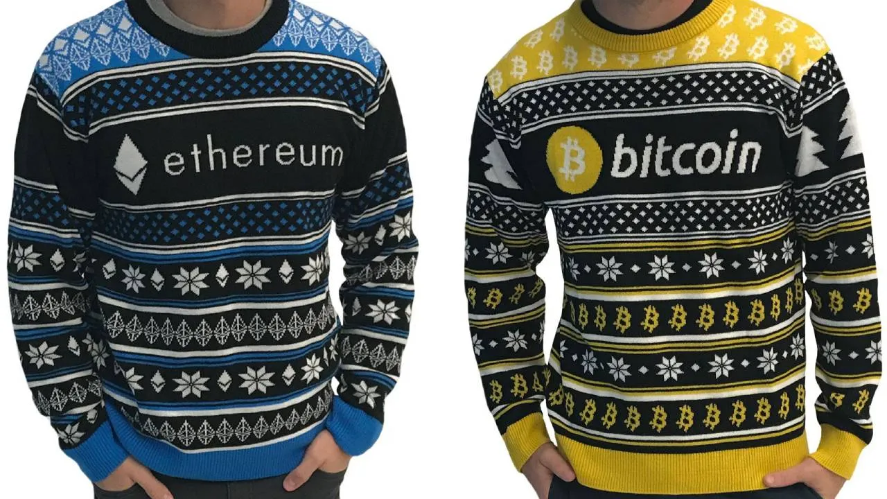 Bitcoin and Ethereum ugly Christmas sweaters