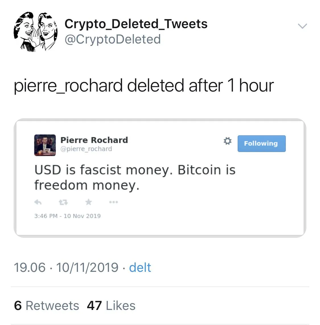 "USD is fascist money." Image: @CryptoDeleted