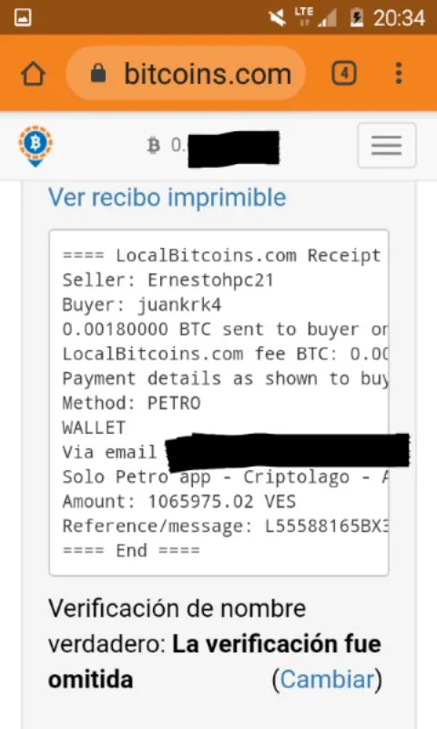 Screenshot del trade de Petros por Bitcoins a través de Localbitoins.com