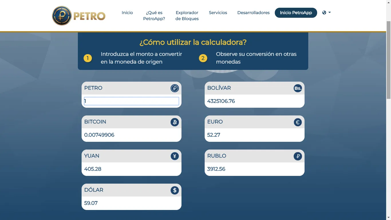 The official Petro Calculator of the Venezuela government.