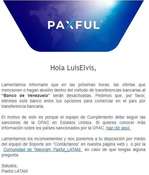 Email de Paxful prohibiendo anuncios mencionando al Banco de Venezuela