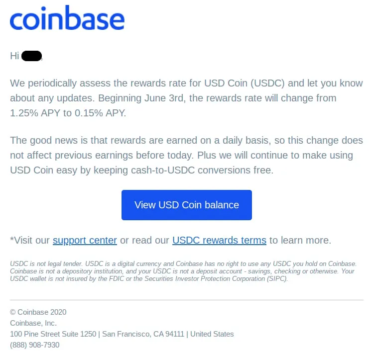 Coinbase reduces USDC rewards