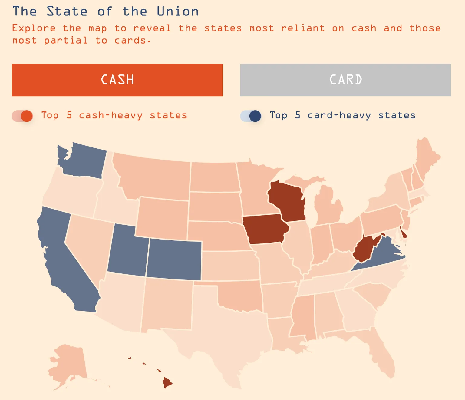 US map - Cash vs card