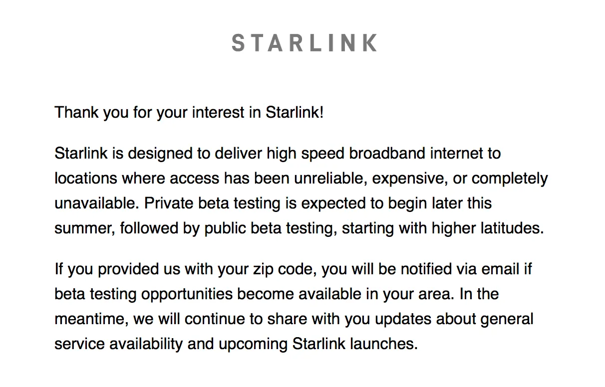 Starlink email announcement