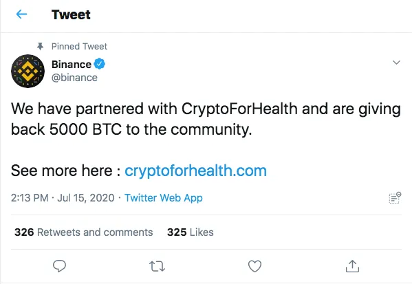 El tweet de Binance promocionando la estafa "CryptoForHealth". Fuente: Twitter