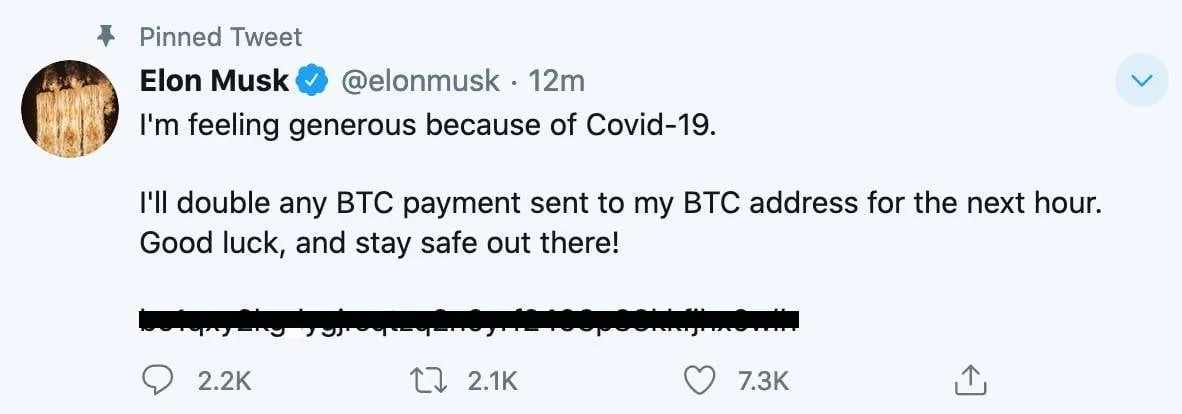 El último tweet de Elon Musk. Esto es una estafa y no un regalo. Imagen: Twitter.