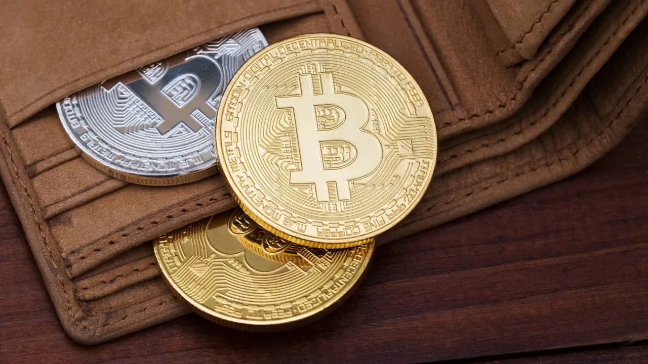 Gold and silver Bitcoins in a brown leather wallet