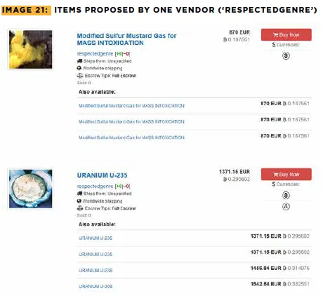 Captura de pantalla del mercado negro "Berlusconi" mostrando gas mostaza y el U-235 a la venta