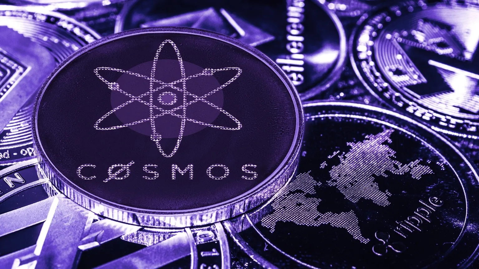 Logotipo de la criptomoneda Cosmos (ATOM) . Imagen: Shutterstock