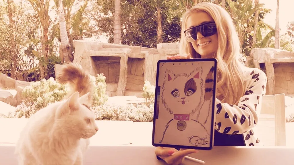 Paris Hilton convirtió una pintura de su gato Munchkin en un token no fungible de Ethereum. Imagen: Cryptograph
