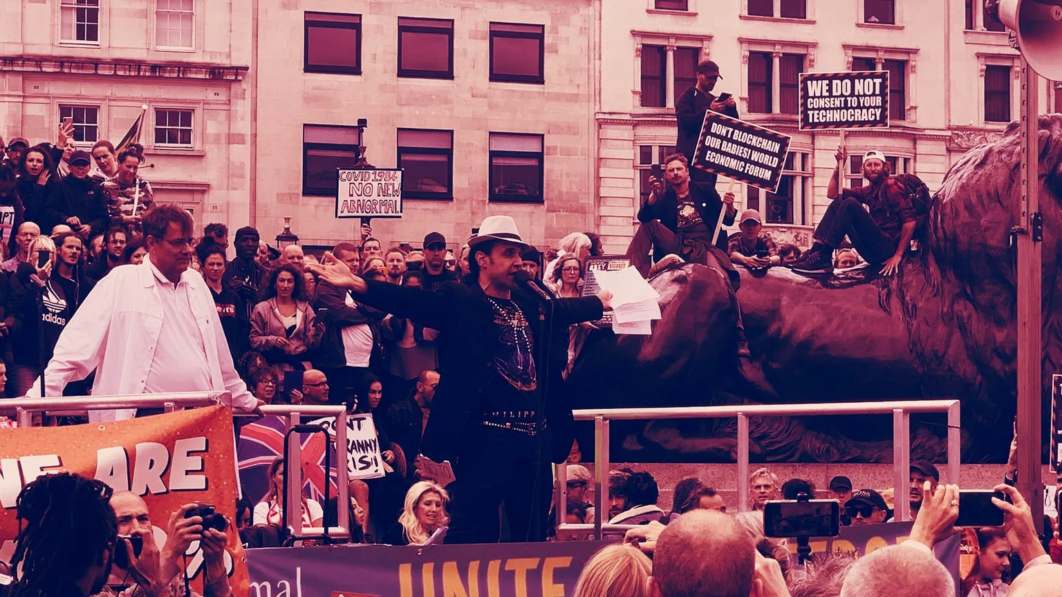 Former X-Factor contestant Chico entertains the crowd at London's anti-lockdown march on Saturday. Image: Twitter