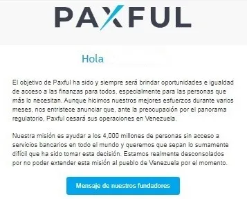 Extracto del mensaje de Paxful a los usuarios de Venezuela.