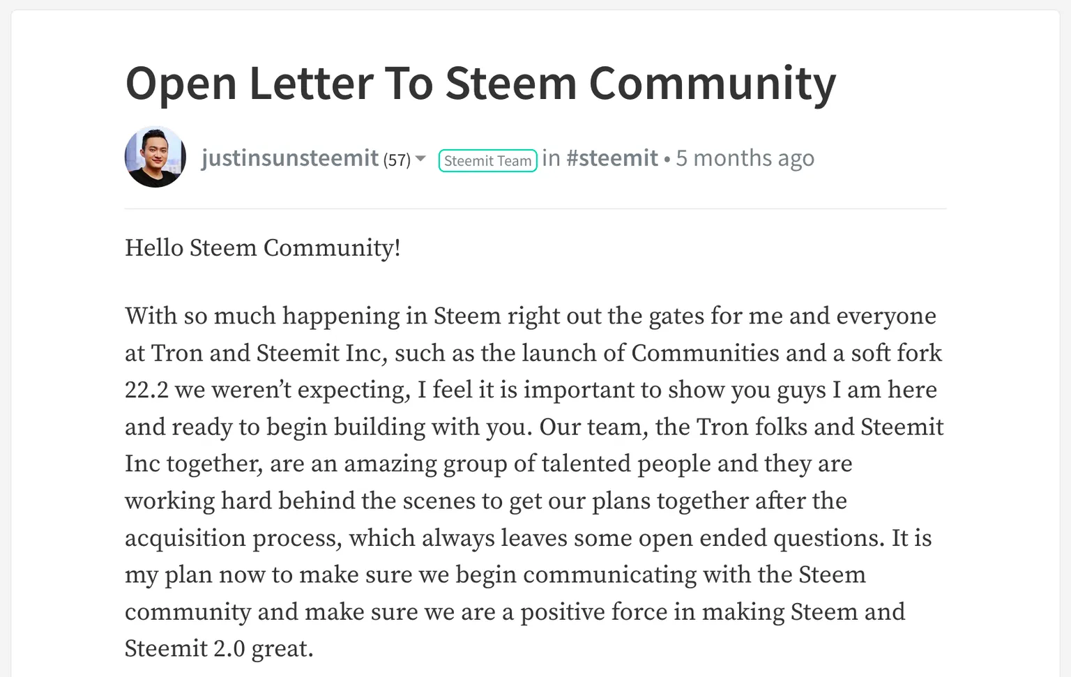 Sun's letter on Steemit