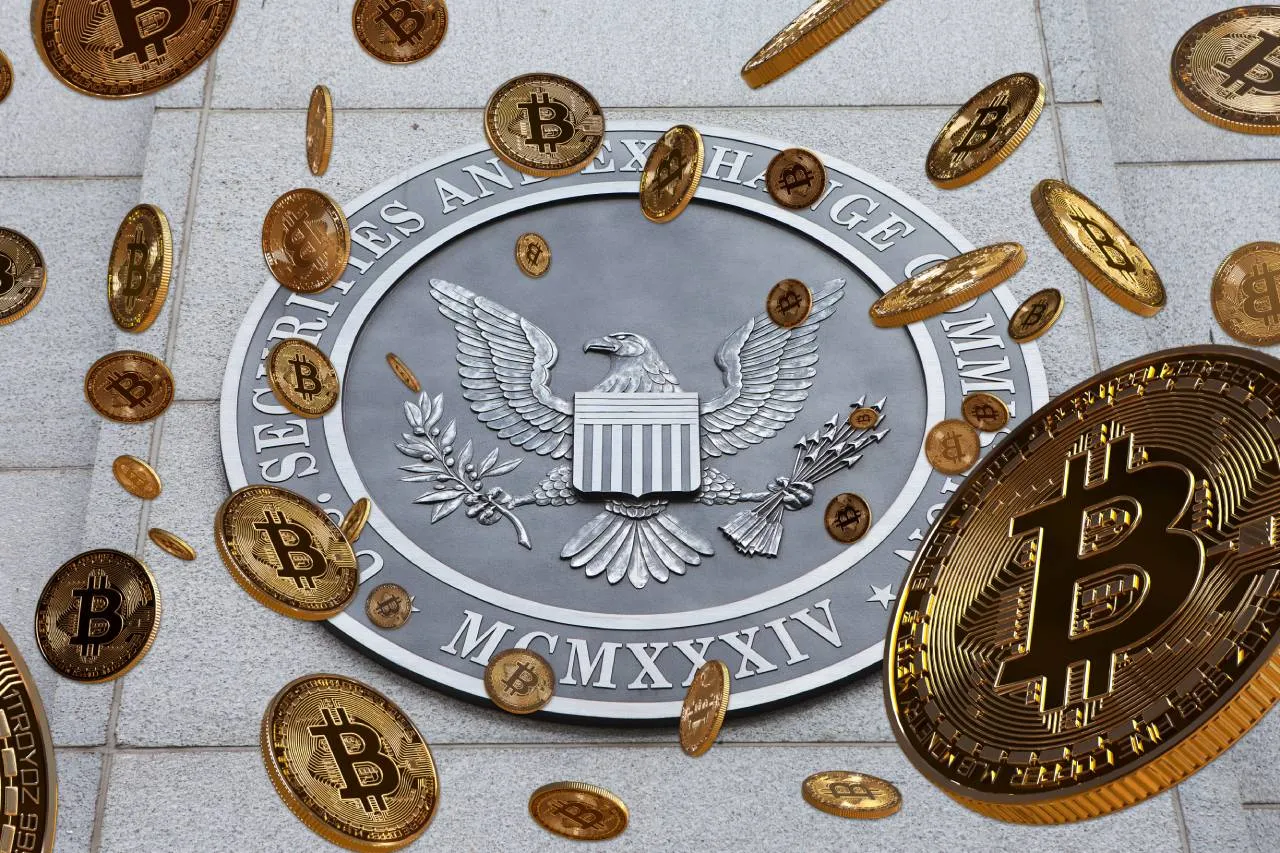 Gold Bitcoins falling in front of SEC seal