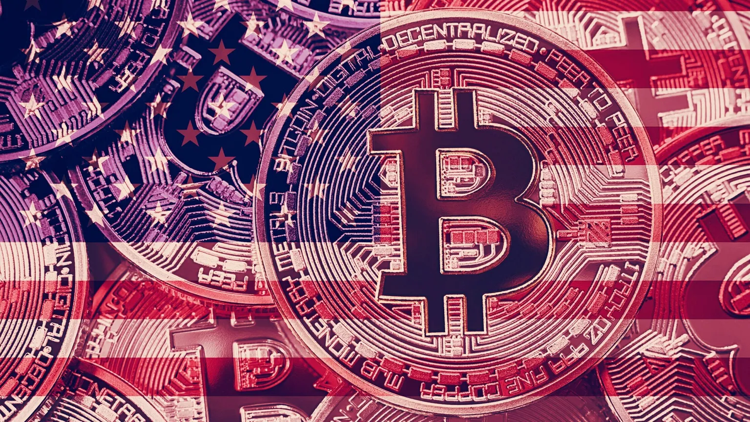 The US flag over a Bitcoin image. Image: Shutterstock.