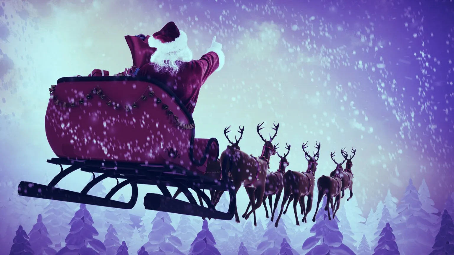 Santa Claus riding on sleigh during Christmas against snow falling on fir tree forest. Image: Shutterstock