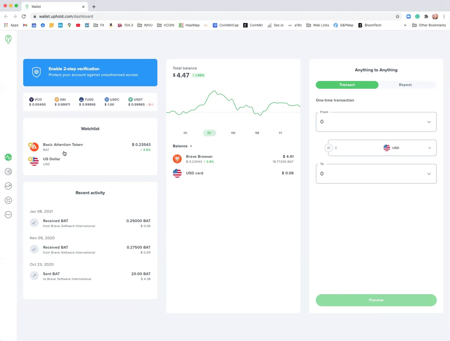 The Uphold wallet interface for converting VCOIN to fiat