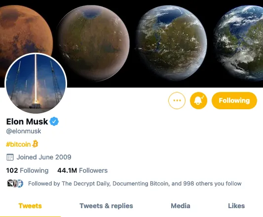 Elon Musk ha cambiado su biografía de Twitter esta mañana para decir: #Bitcoin. Imagen: Twitter.