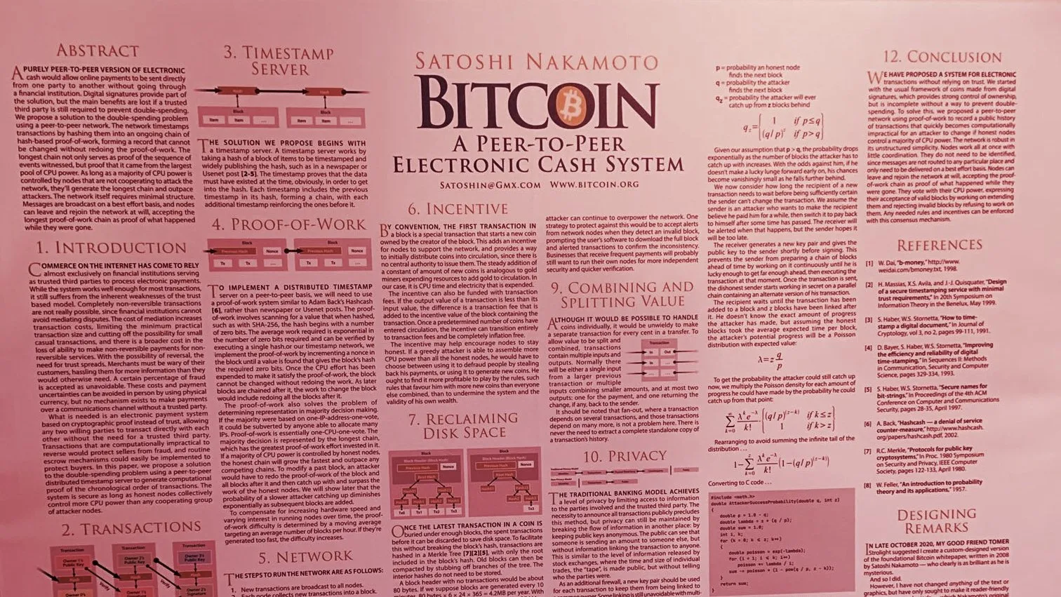 The Bitcoin whitepaper mounted on a wall. Image: Tomer Strolight.