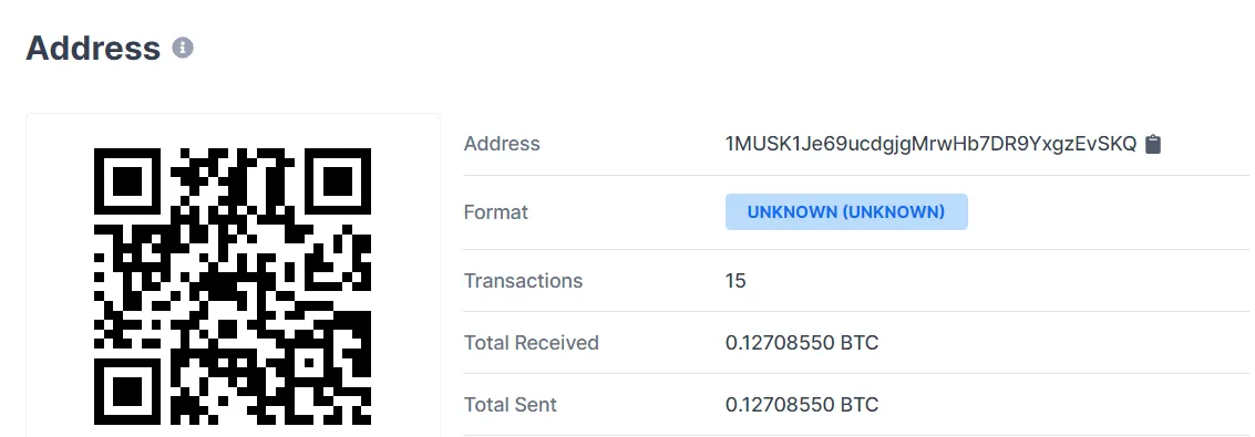 Dirección de Bitcoin con la palabra "MUSK." Imagen: Blockchain.com