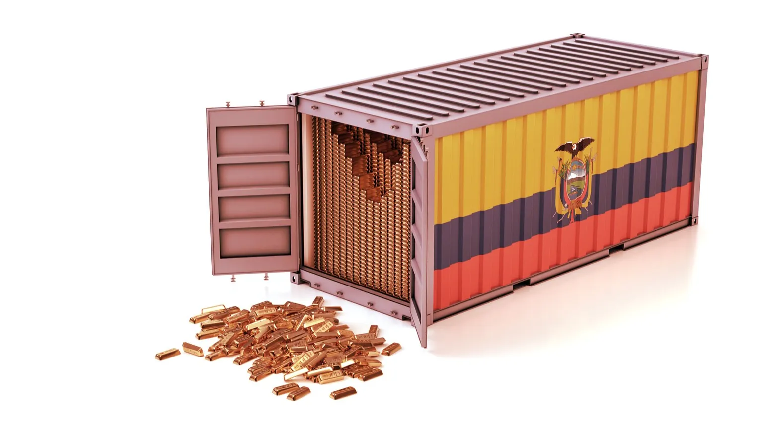 Freight Container with Ecuador flag filled with Gold bars. Image: Shutterstock