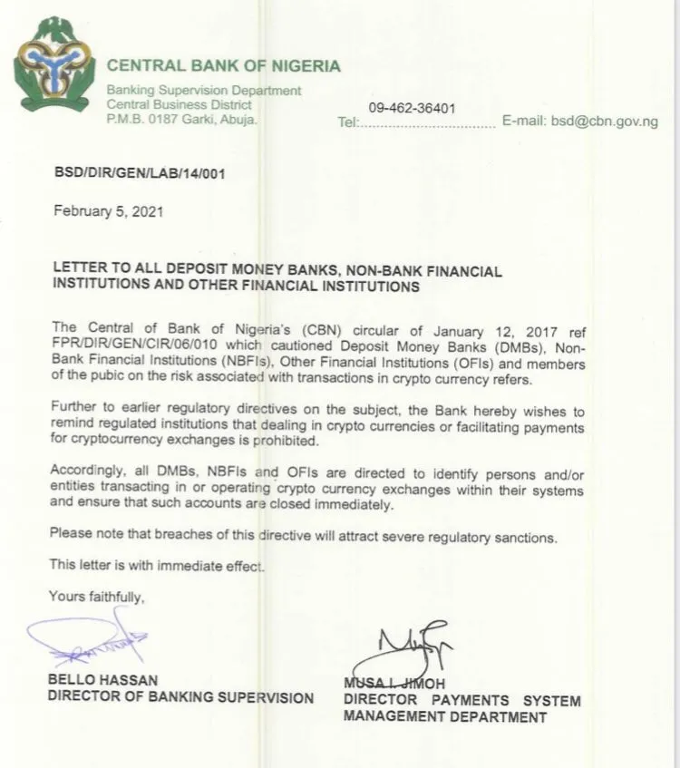 The letter sent by the Central Bank of Nigeria.