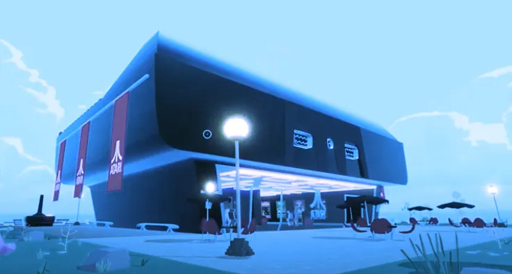 El casino virtual de Atari cuenta incluso con puertos en la parte trasera del edificio. Imagen: YouTube/ Peanutbutta Decentral