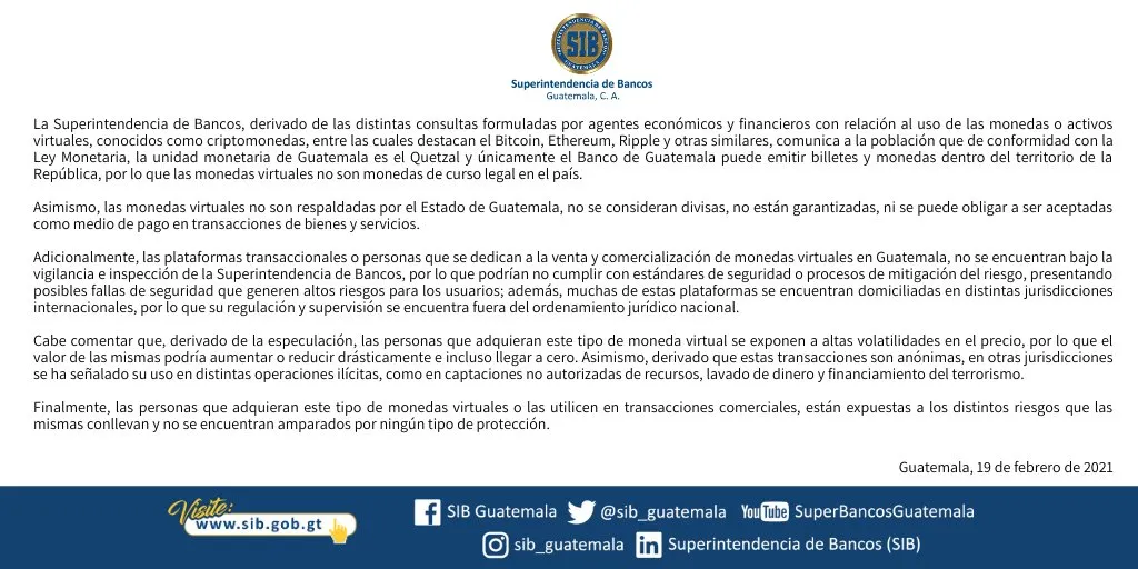 Advertencia del Banco Central de Guatemala sobre el uso de criptomonedas