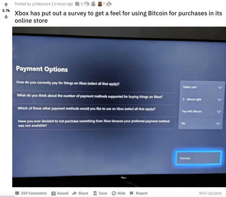 Captura de pantalla de la encusta de Microsoft sobre Bitcoin. Imagen: Reddit.