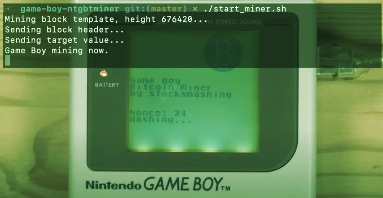 A 32-year-old Nintendo Game Boy console has been turned into a Bitcoin miner. Image: YouTube