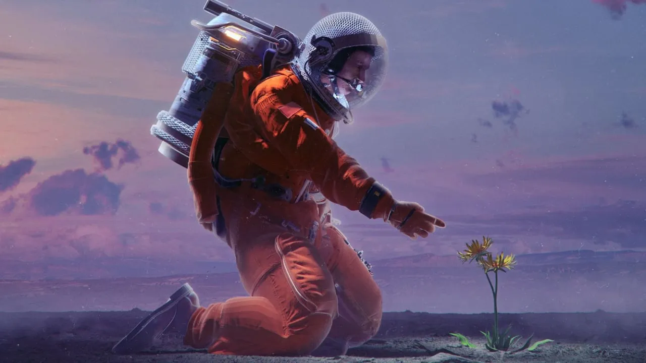 Astronaut kneeling over flower artwork by Beeple