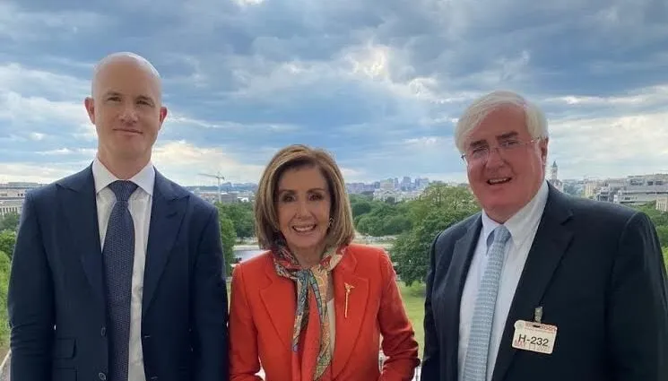 Brian Armstrong, Nancy Pelosi and Ron Conway. Image: Brian Armstrong's Twitter