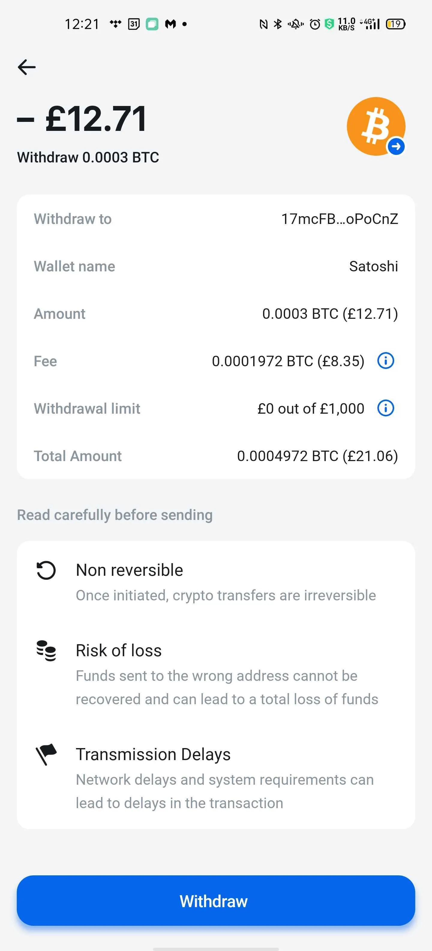 Withdrawing Bitcoin on Revolut