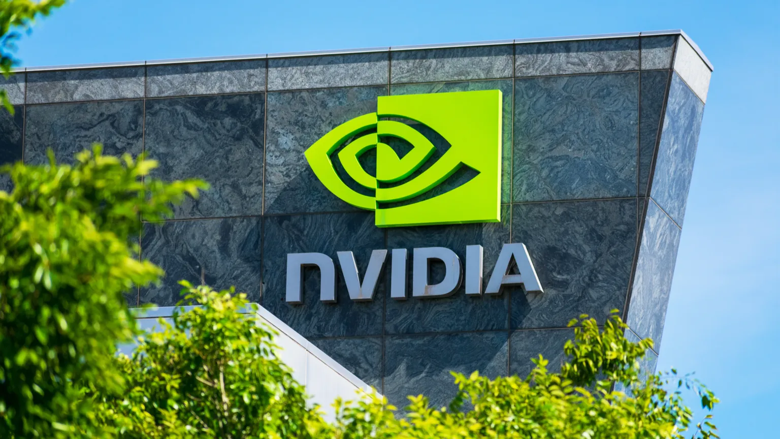 Nvidia logo on the side of a buildling.