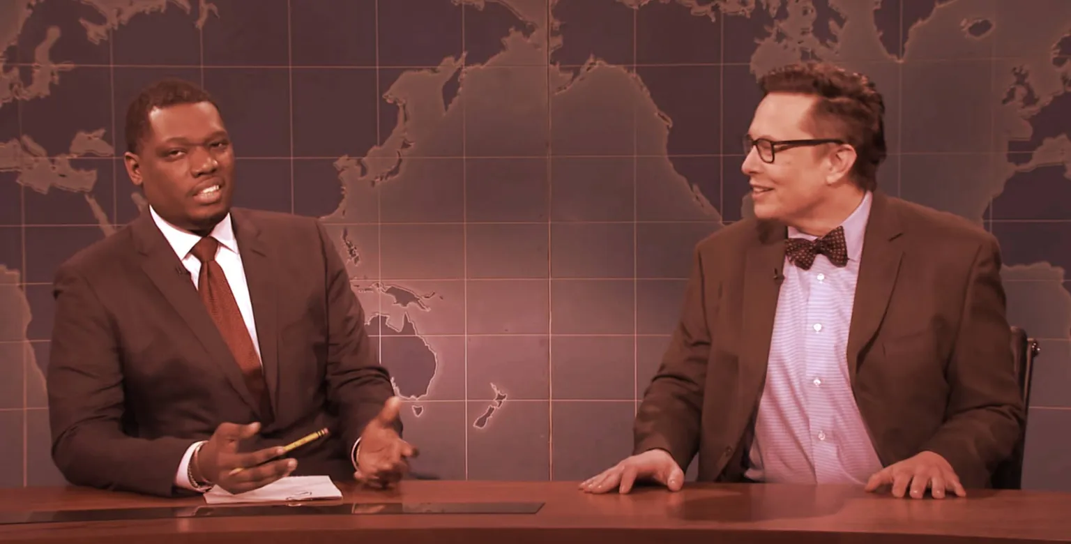 Elon Musk playing financial expert "Lloyd Ostertag" on SNL "Weekend Update" on May 8. (YouTube)