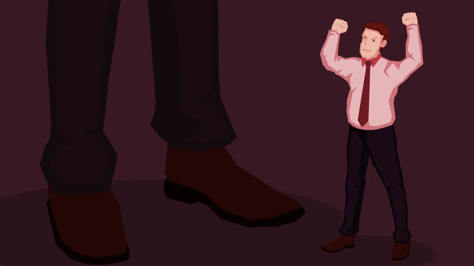 Little cartoon man with raised fist in angry gesture beside a bigger man. Image: Shutterstock