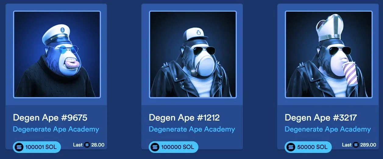 The highest price for a degenerate ape NFT is currently 100,001 SOL. Source: Solanart.