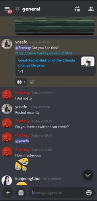 Una captura de pantalla del chat de Discord que Pranksy compartió con Decrypt. Imagen: Discord