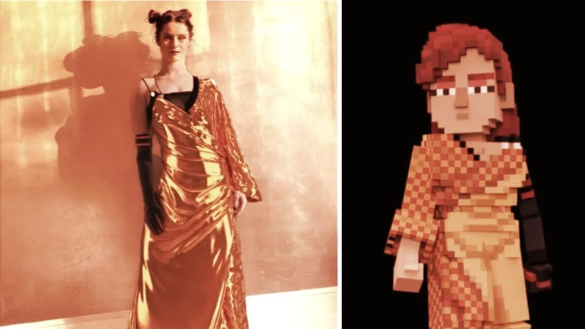 Daniella Loftus wears an AR dress designed by digital fashion house The Fabricant (left); the same dress was then converted to the metaverse game The Sandbox (right). Because no single file format for digital fashion currently exists, the dress needed to be entirely rebuilt within The Sandbox. (Courtesy: The Fabricant, The Sandbox, Daniella Loftus)
