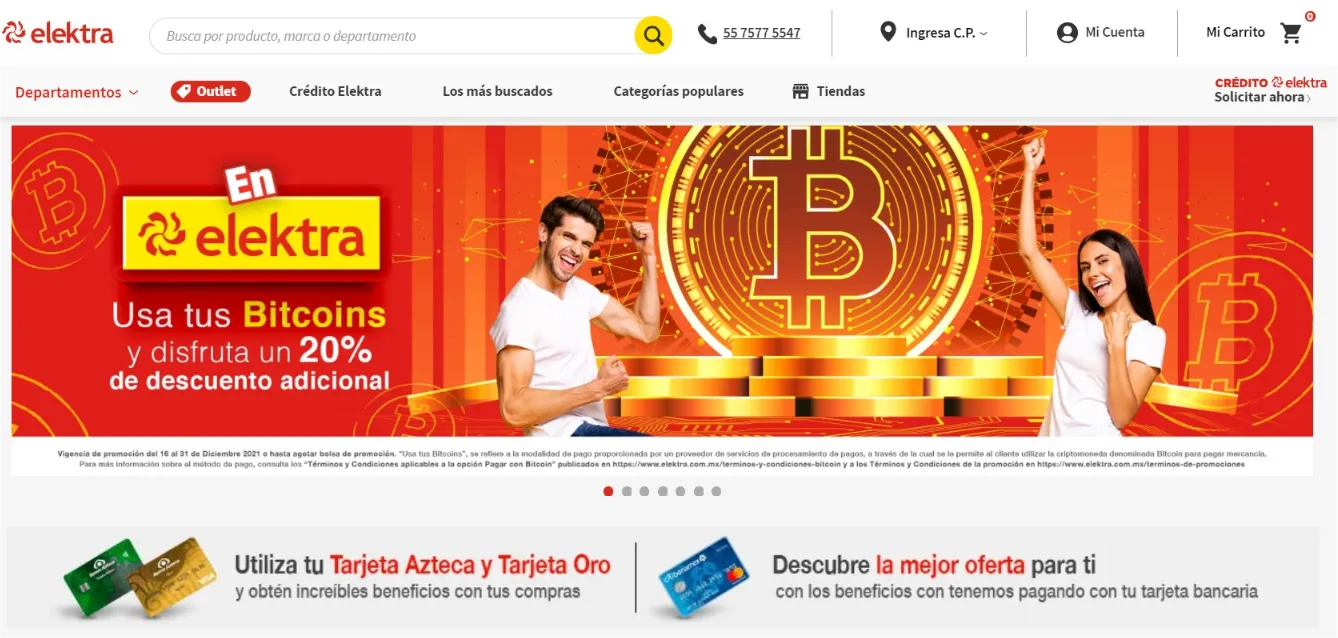 Banner Promocional de Elektra México aceptando Bitcoin