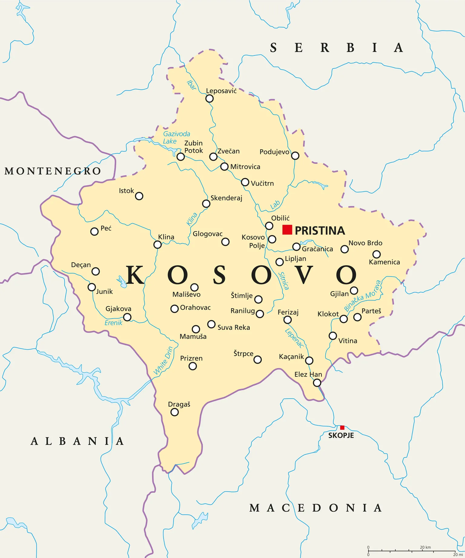 A map of Kosovo in Europe.