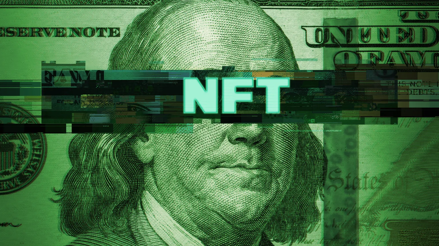 Arte digital de NFT sobre billete de dólar en el fondo. Imagen: Shutterstock