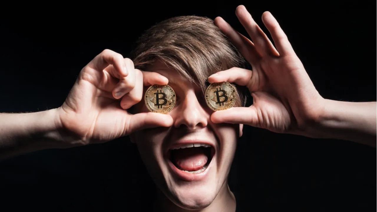 Alguien colocando Bitcoin en cada ojo