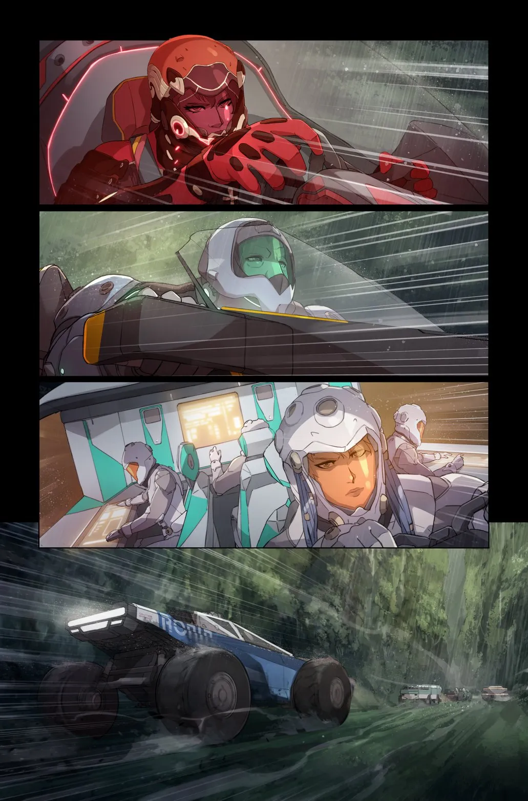 Illustration of four vehicles racing in sci-fi attire.