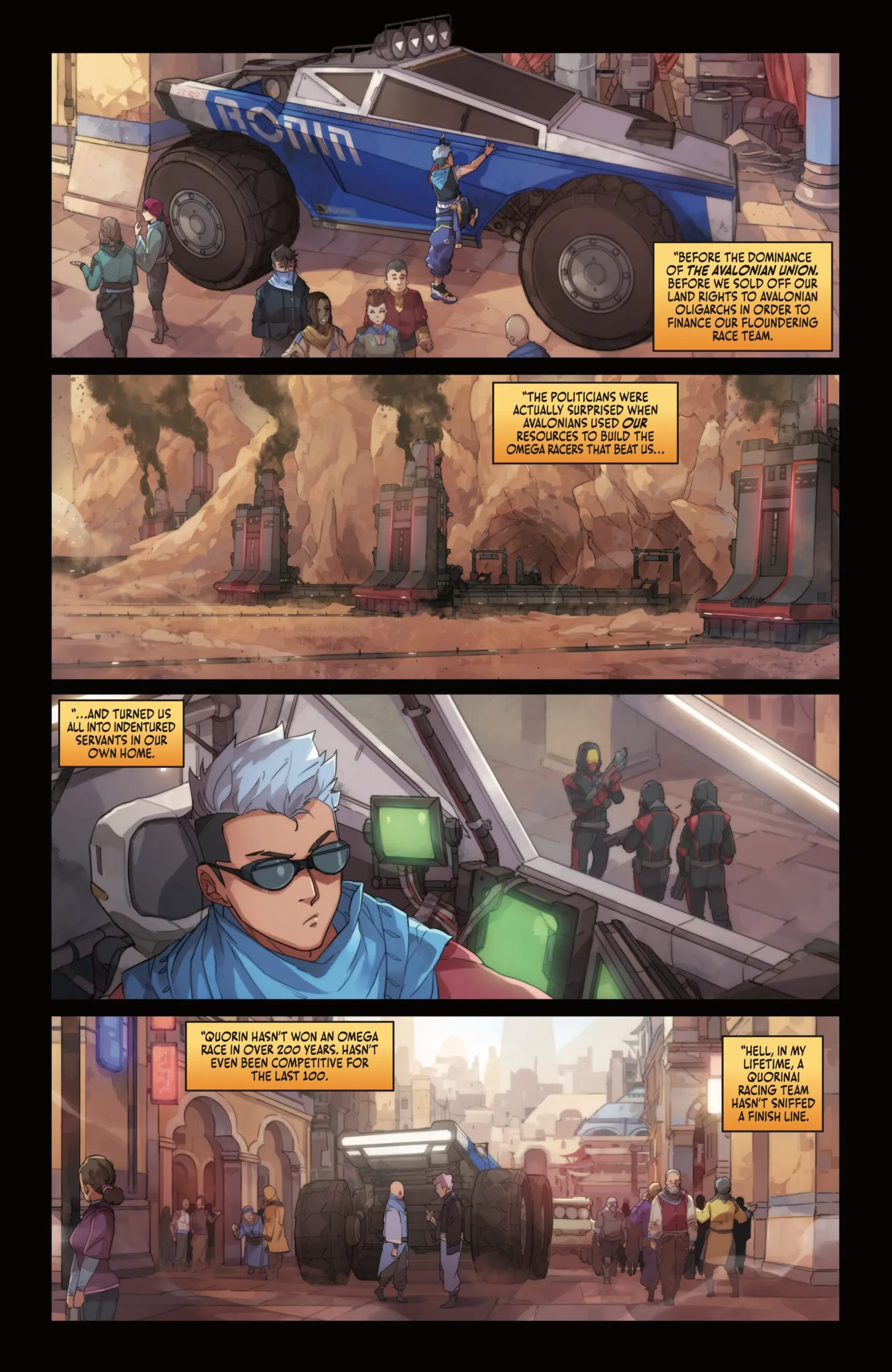 4 panels of comic book page, showing vehicle in a dusty, industrial town.