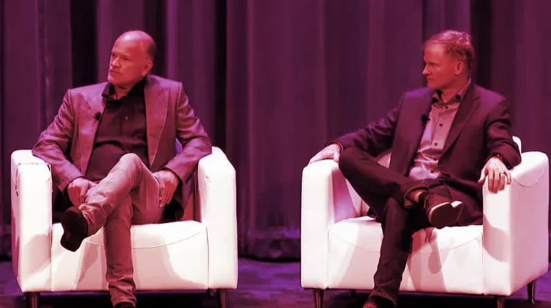 Mike Novogratz and Mike Belshe onstage together at Messari Mainnet 2021 in New York. (screenshot from panel video)