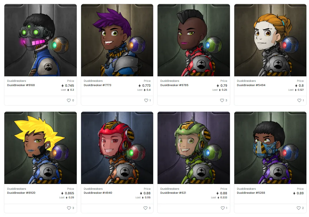 Screenshot of 8 DuskBreakers NFTs, which are sci-fi shoulder-up portraits of various characters.